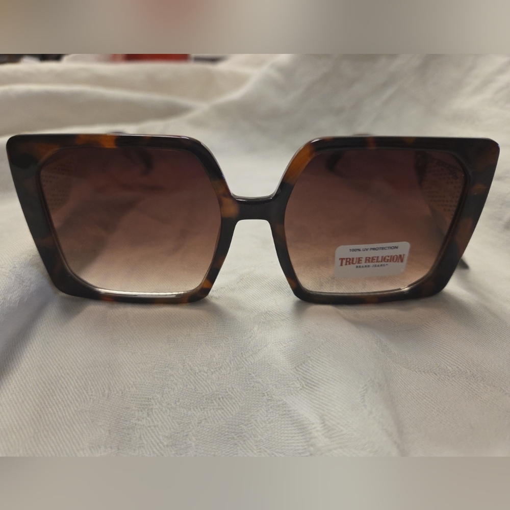 True Religion NEW Square Sunglasses Oversized Logo Tortise Gold Brown UVA - Picture 3 of 8